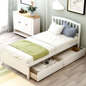 nioky Twin Wood Platform Bed with 2 Storage Drawers – Space-Saving Design